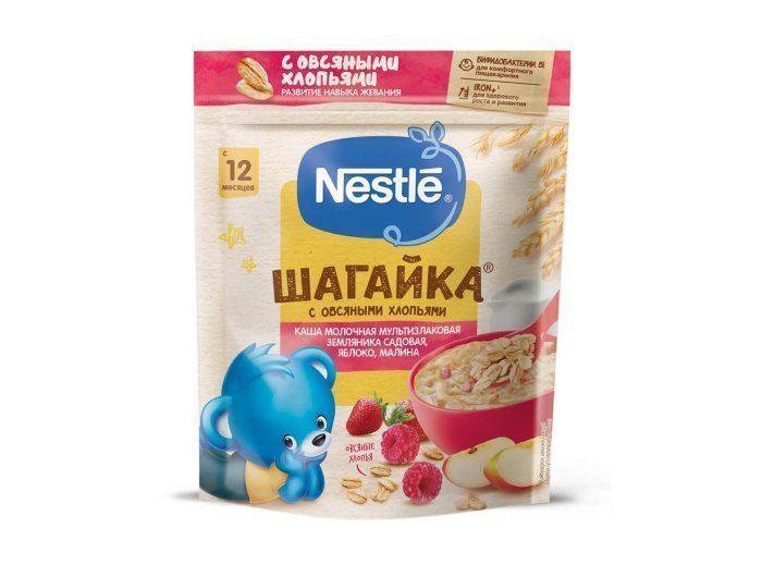 Nestlé® ШАГАЙКА® Каша молочная 5 злаков Земляника садовая, яблоко,  малина