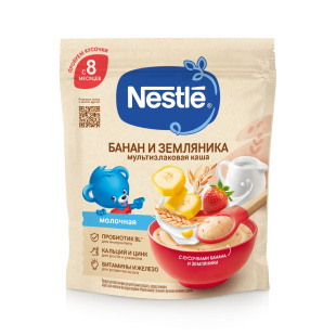 Nestlé® Молочная мультизлаковая каша с бананом и кусочками земляники садовой