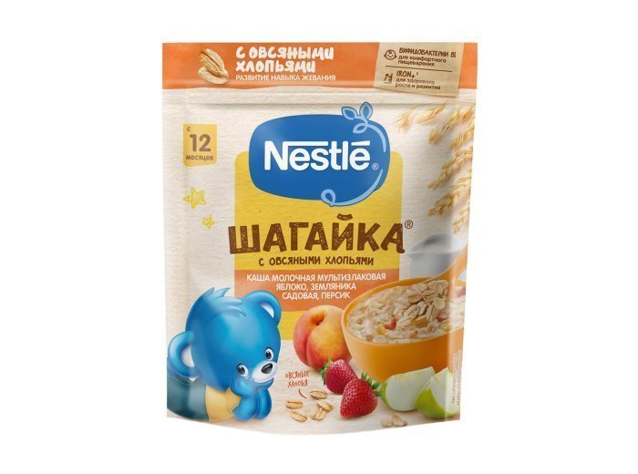 Nestlé® ШАГАЙКА®  Каша молочная 5 злаков Яблоко, земляника садовая,  персик