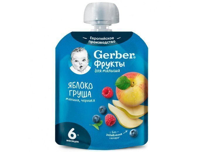 Фруктовое пюре GERBER Яблоко, груша, малина, черника, обогащенное витамином C