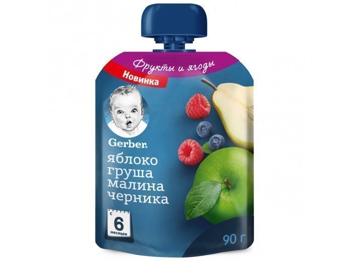 Фруктовое пюре в мягкой упаковке Gerber Яблоко, груша, малина, черника