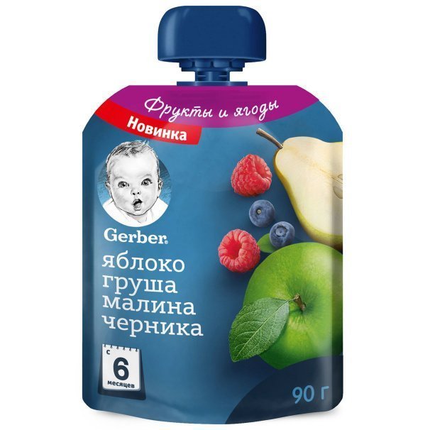 Фруктовое пюре в мягкой упаковке Gerber Яблоко, груша, малина, черника - фото 1