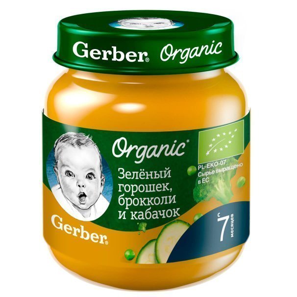 Овощное пюре Gerber Зеленый горошек, брокколи и кабачок cерии Organic - фото 1