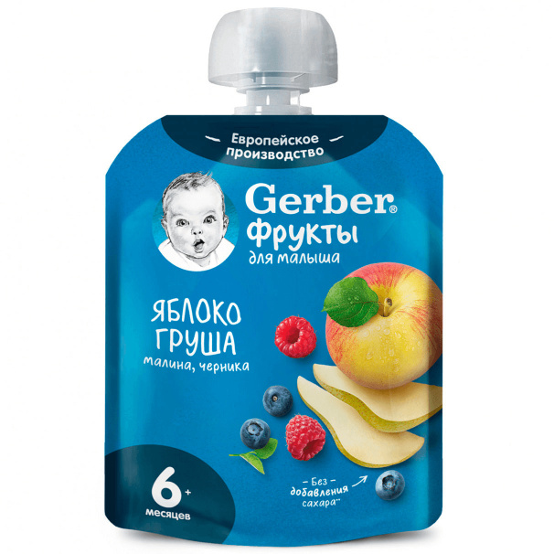 Фруктовое пюре GERBER Яблоко, груша, малина, черника, обогащенное витамином C 90г. - фото 1